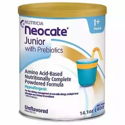 Neocate Junior to hipoalergiczna,  kompletna pod względem odżywczym,  sproszkowana,  oparta na aminokwasach żywność medyczna z błonnikiem prebiotycznym dla osób w wieku powyżej 1 lat. Hipoalergiczna formuła na bazie aminokwasów w postaci sproszkowanej. Łatwe i wygodne mieszanie. Może być s