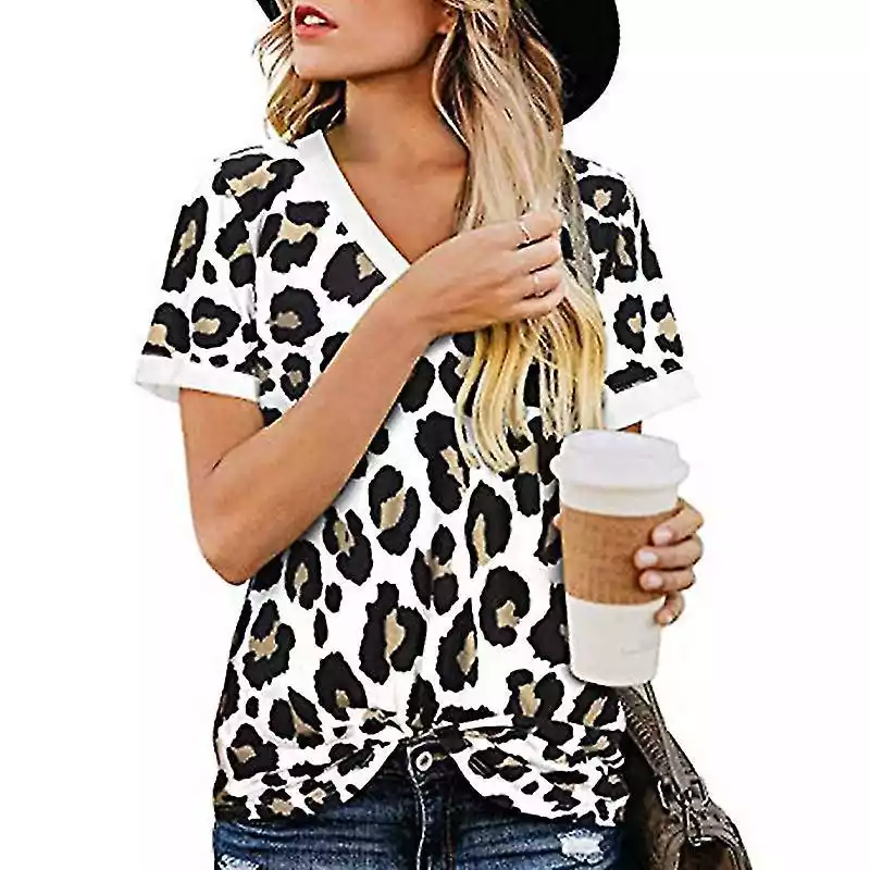 Mssugar Damskie Leopard V-neck T-shirt Tunika z krótkim rękawem Summer Casual Tee Bluzka Top Leopard brązowy S Mssugar ceny i opinie
