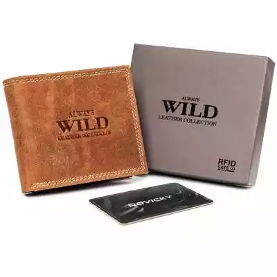 Średniej wielkości,  poziomy portfel skórzany,  męski. Model od marki Always Wild wyposażony jest w 4 przegródki na karty,  3 kieszenie na dokumenty oraz podwójną kieszeń na banknoty. Portfel posiada wszytą membranę RFID Stop chroniącą przed skimmingiem.