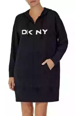 Długa bluza damska zapinana na zamek z kapturem i kieszeniami w kolorze czarnym. Długi rękaw. Dopasowanie regular fit. Na przodzie bluzy widnieje logo marki DKNY.