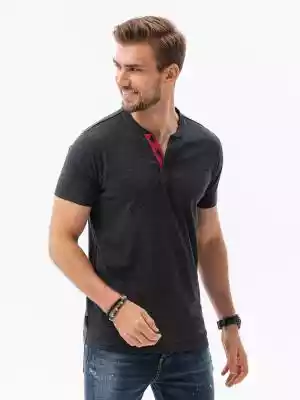 T-shirt męski bez nadruku z guzikami - czarny melanż V4 S1390
 -                                    S