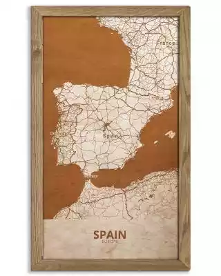 Drewniany obraz państwa- Hiszpania w dębowej ramie 30x30cm Dąb,  Orzech,  Heban Drewniany obraz przedstawia świetnie wykonaną mapę Hiszpanii wraz z sąsiadującymi z nią państwami. Na produkcie zawarto dużą ilość szczegółów - między innymi wszystkie największe rzeki płynące po Półwyspie Iber