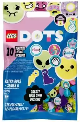 LEGO Dots Dodatki DOTS — seria 6 41946Spore opakowanie dodatków DOTS pomoże Ci tworzyć niesamowite,  kreatywne i czadowe wzory! Z kolorowych płytek,  10 losowych płytek z nadrukami oraz zawieszek w kształcie serca i błyskawicy przygotujesz niezliczone połączenia. Dodaj je do innych zestawó