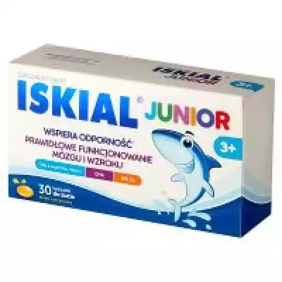 Iskial Junior kapsułki do żucia to kompleksowa formuła,  która łączy w sobie olej z wątroby rekina z wysoką zawartością witaminy D₃ wspomagającej prawidłowe funkcjonowanie układu odpornościowego oraz DHA (kwas Omega-3) wspierający prawidłowe funkcjonowanie mózgu i wzroku. Iskial Junior to 