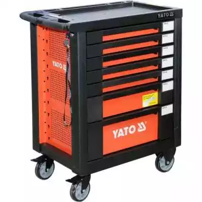 Szafka narzędziowa marki YATO. Wyposażona jest w 7 szuflad na prowadnicach kulkowych. 5 górnych szuflad zawiera 211 starannie dobranych narzędzi. Profile wykonane są z podwójnej blachy stalowej - uniwersalna perforacja umożliwia doposażenie szafki w dodatkowe elementy. Centralny zamek,  or