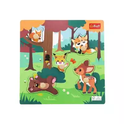 Układanka drewniana Zwierzątka leśne Puzzle drewniane z kolorową grafiką Podstawka z wyżłobieniami oraz 5 wyjmowanych elementów z drewnianym knobem Zadaniem dziecka jest dopasowanie puzzli w odpowiednie miejsce na podstawce - zadanie ułatwi grafika znajdująca się na wyżłobieniach - taka sa