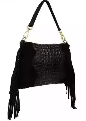 Czarna damska włoska skórzana torebka fr Czarna damska włoska skórzana torebka frędzel pozioma czarny