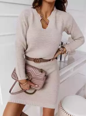 Beżowy sweterkowy komplet sweter + spódn Ubrania i akcesoria > Ubrania > Komplety ubrań