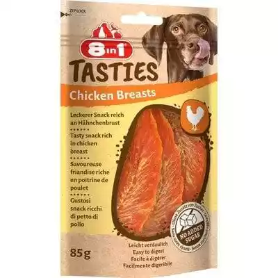 Przysmak 8IN1 Tasties Chicken Breasts 85 g to idealna przekąska dla psów nie zawiera wzmacniaczy smaku,  GMO,  konserwantów ani sztucznych barwników.