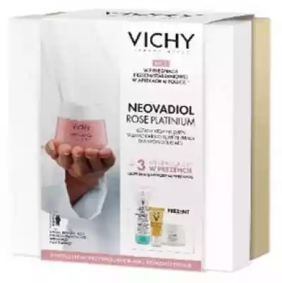 Vichy Neovadiol Post-Menopause promocyjny zestaw,  w skład którego wchodzi:   Vichy Neovadiol Rose Platinium - różany krem wzmacniająco-rewitalizujący 50 ml Vichy Purete Thermale - preparat do demakijażu twarzy i oczu 3 w 1 100 ml Vichy Neovadiol Rose Platinium krem na noc 15