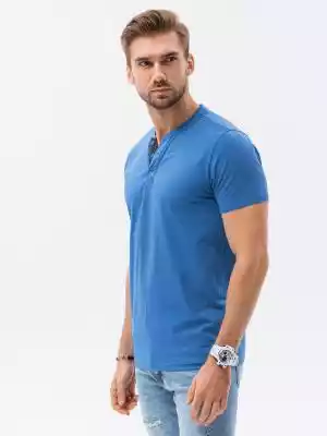 T-shirt męski bez nadruku z guzikami - niebieski melanż V2 S1390
 -                                    S