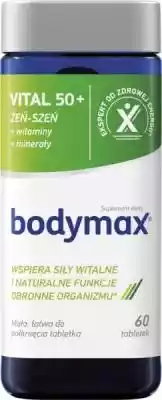 Bodymax VITAL 50+ to suplement diety przeznaczony dla osób w wieku 50+,  aby zapewnić im naturalną energię do bardziej aktywnego życia. Polecany jest również w stanach zmęczenia,  przy problemach z koncentracją oraz w okresie rekonwalescencji.   Żeń-szeń,  zwany równie