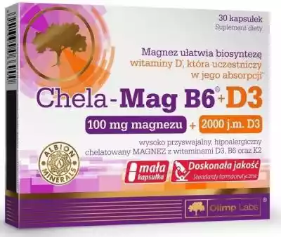 **Chela-Mag B6® + D3 **to suplement diety o unikalnie połączonej wysoko przyswajalnej formie magnezu w postaci chelatu aminokwasowego Albion® z witaminą D3 w ilości 2000 j.m. oraz witaminami B6 i K2. Magnez jest pierwiastkiem niezbędnym w biosyntezie aktywnej formy witaminy D. Badania nauk