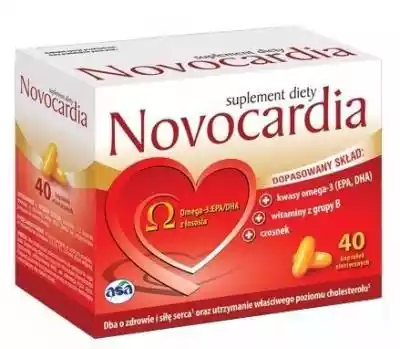 Novocardia dostarcza cennych dla zdrowia niezbędnych nienasyconych kwasów tłuszczowych NNKT omega-3: EPA i DHA we właściwych proporcjach,  witamin przyjaznych sercu oraz czosnku. Kwasy omega-3 (EPA,  DHA) wspomagaj a prawidłowe funkcjonowanie organizmu człowieka,  a zwłaszcza układu