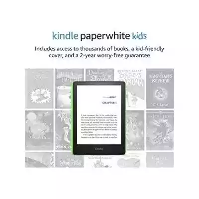 Czytnik Amazon Kindle Paperwhite Kids (B08WPQFP44) Kindle Paperwhite Kids (8 GB) stworzony do czytania,  z dostępem do tysięcy książek dzięki Amazon Kids+ Odpowiedni do czytania Kindle Paperwhite Kids został stworzony specjalnie do czytania (nie jest zabawką),  z większym czarno-białym wyś