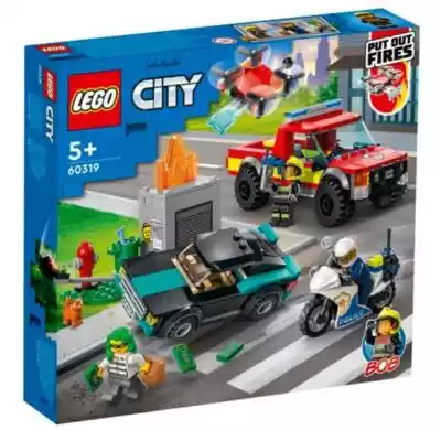 LEGO City Adventures Akcja strażacka i policyjny pościg 60319Uwaga,  kotek! Skriiik… TRACH! Złodziejaszek tak szybko pędził autem z workiem skradzionych łupów,  że zderzył się z sygnalizatorem świetlnym,  wywołując pożar w mieście. Uruchom policyjny motocykl i złap uciekającego złodziejasz