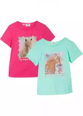 Śliczne t-shirty dziewczęce z nadrukiem z motywem koni. W komplecie 2 t-shirty dziewczęce z krótkim rękawem i odmiennym nadrukiem z przodu,  który zachwyci wszystkie miłośniczki koni.