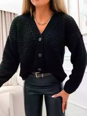 Sweter czarny krótki kardigan zapinany n Podobne : Kardigan na guziki z szerokimi kieszeniami - antracytowy - 1000101