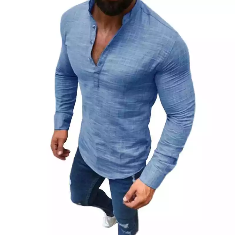Suning Męskie Lniane T-neck T-shirt z długim rękawem Henley Shirt Slim Fit Tops Niebieski 3XL Suning ceny i opinie