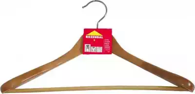 Drewniany wieszak z szerokimi ramionami przeznaczony do przechowywania cięższej odzieży (kurtki,  płaszcze,  marynarki),  posiada poprzeczkę z antypoślizgową koszulką z tworzywa sztucznego oraz metalowy obrotowy haczyk.