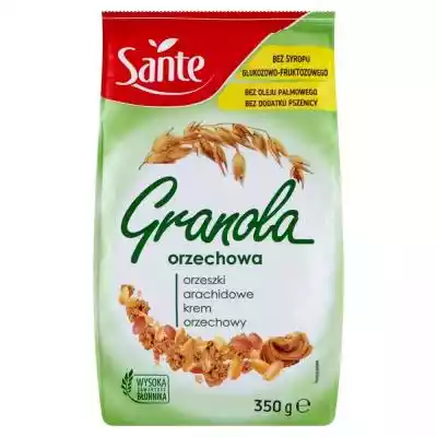         Sante                Sante Granola orzechowa to wyjątkowo chrupiące,  niemal ciasteczkowe połączenie wypiekanych pełnoziarnistych płatków owsianych (36, 7% składu) z dodatkiem orzeszków arachidowych i kremu orzechowego. Granola orzechowa jest naturalnym źródłem tiaminy i niacyny or
