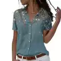 Mssugar Damska koszula z krótkim rękawem z dekoltem w serek Topy Letnia bluzka Ciemny niebieski L