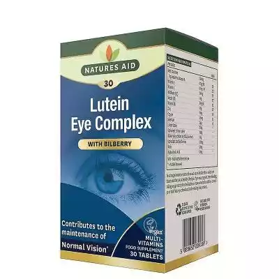 Natures Aid kompleks lutein Eye zawiera witaminy A,  B2 (ryboflawina) i Zinc,  które przyczyniają się do utrzymania normalnego wzroku.