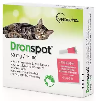 VETOQUINOL Dronspot - krople odrobaczające dla kota 2, 5 - 5 kg Krople Dronspot to preparat przeciwpasożytniczy dla średnich kotów o masie ciała od 2, 5 do 5kg, 