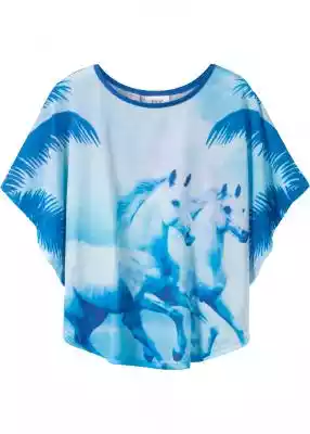 Luźniejszy shirt plażowy dla modnych dziewczynek,  zdobiony wysokiej jakości fotodrukiem z motywem konia z przodu. Szeroki fason pozwalający na szybkie założenie na kostium lub bikini na plaży.