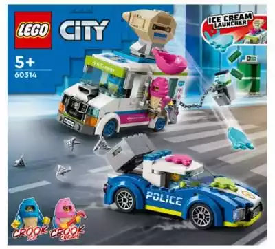 LEGO City Police Policyjny pościg za furgonetką z lodami 60314Łup! Złodziejaszek Lo i złodziejaszek Dy z zimną krwią ukradli bankomat i uciekają swoją zmodyfikowaną furgonetką z lodami! Posadź policjantkę z miasta LEGO® City za kierownicą radiowozu pościgowego. Unikaj lodowych pocisków z w