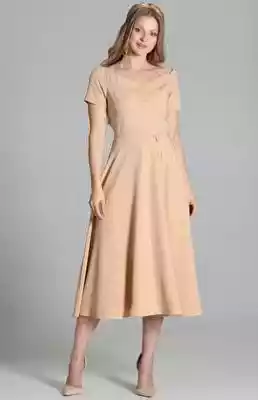 SUK181 Sukienka trapezowa midi (beżowy) Podobne : Zwiewna sukienka midi z plisowanym dołem - 74620