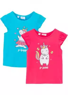 Urocze t-shirty dziewczęce z motywem jednorożca. Świetne t-shirty dziewczęce w kompl. 2-częściowym w różnych kolorach,  z motywem jednorożca z przodu i rękawami z falban.