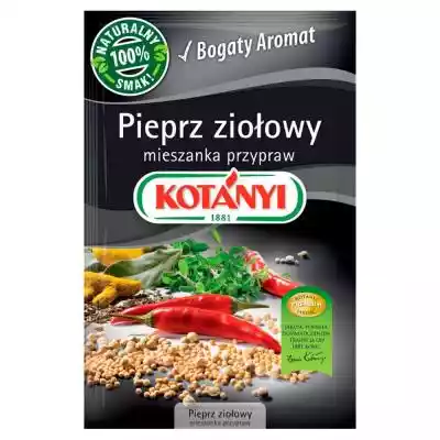         Kotányi                Pieprz ziołowy jest wspaniałą mieszanką najlepszych i bardzo aromatycznych przypraw i ziół. Ich aromat stopniowo uwalnia się podczas gotowania i sprawia,  że potrawy stają się prawdziwymi specjałami.}                    100% naturalny smak!            bogaty 