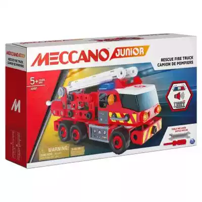Meccano Wóz Strażacki Ten zestaw zawiera 2 narzędzia,  naklejki i 150 części,  dzięki czemu dzieci mają wszystko,  czego potrzebują do zabawy w budowanie własnego wozu strażackiego z wysuwaną i obrotową drabiną!