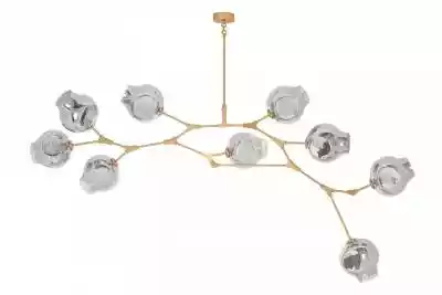 Lampa wisząca SPLIT 9.Efektowna i wyrazista kompozycja inspirowana gałęziami drzew. Poszczególne klosze rozmieszczone są nierównomiernie i pozornie przypadkowo,  tworząc jednocześnie spójną,  przemyślaną całość. Lampa została wykonana z metalu w kolorze złotym oraz szkła,  co zapewnia jej 