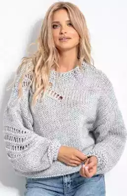 Sweter z wełną Chunky Knit F1054 (szary) Podobne : Liliowy sweter Chunky Knit z wełną i alpaką F1262 (liliowy) - 125040