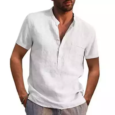 Męski T-shirt z krótkim rękawem Summer Stand Collar Zapinanie na guziki V-Neck Gładki top#!!#100% Nowy i wysokiej jakości#!!#Materiał: Cott...