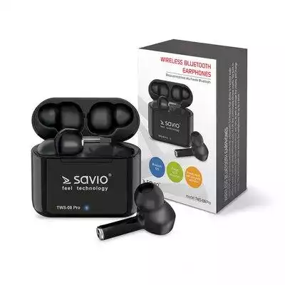 Słuchawki bezprzewodowe SAVIO TWS-08 PRO z mikrofonem Bezprzewodowe słuchanie muzyki Słuchawki bezprzewodowe SAVIO TWS-08 PRO z mikrofonem to słuchawki dokanałowe z modułem Bluetooth 5.0,  pozwalającym na transmisję dźwięku bez opóźnień. Każdy zestaw wyposażony jest w trzy rozmiary miękkic