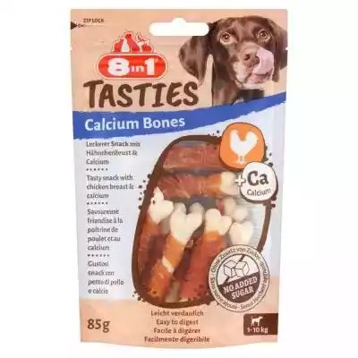         8in1                8in1 Tasties Calcium Bones to kości wapienne owinięte mięsem z pysznej piersi kurczaka. Łatwość trawienia. Z niską zawartością tłuszczu i bez dodatku cukru. Bez wzmacniaczy smaku i sztucznych konserwantów.}    