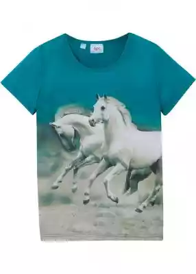 Modny t-shirt z atrakcyjnym fotonadrukiem z przodu. Dla wszystkich miłośniczek koni - t-shirt z efektownym fotodrukiem z motywem konia i okrągłym dekoltem. Uszyty z miękkiego materiału.