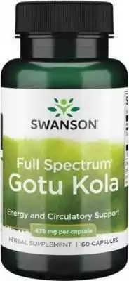 ﻿  Gotu Kola cola 435mg 60 kapsułek SWANSON    Opis   Gotu kola to roślina od dawna stosowana jak zioło. Gotu kola korzystnie wpływa na układ krążenia i pamięć.  Oprócz tego gotu koła zawiera składniki,  niezbędne do wytwarzania kolagenu. Te unikatowe substancje na poziomie komórkowym podt