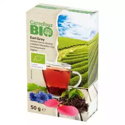         Carrefour                    jakość kontrolowana                Ekologiczna herbata czarna liściasta Earl Grey z płatkami bławatka i róży,  aromatyzowana.    