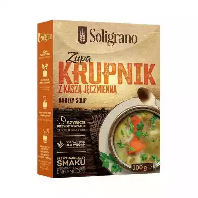 Opis produktu
Zupa Krupnik Soligrano. To gęsta i aromatyczna zupa,  której smak znają wszyscy. Dostarczy energii na resztę dnia w łatwy i szybki sposób. Z wysoką zawartością błonnika pokarmowego. Nie zawiera dodatku cukru i jest odpowiednia dla wegan.Wartość odżywcza w 100 g produltu

Wart