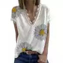 Mssugar Kobiety Daisy Print V-neck Koronkowy T-shirt Koszulka z krótkim rękawem Summer Casual Loose Bluzka Top Biały L