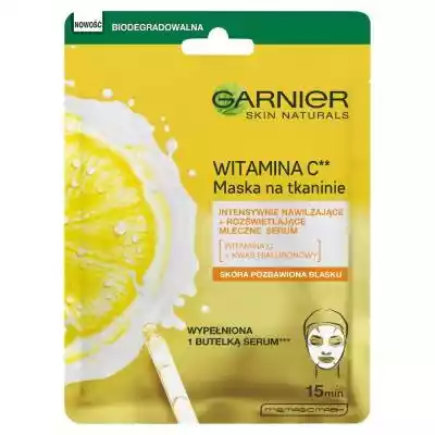         Garnier                Intensywnie nawilżająca maska na tkaninie wzbogacona witaminą C i kwasem hialuronowym. Widocznie rozjaśnia i wyrównuje koloryt skóry,  wygładza ją i odświeża. Do każdego typu skóry,  w tym wrażliwej lub matowej.}                    biodegradowalna            