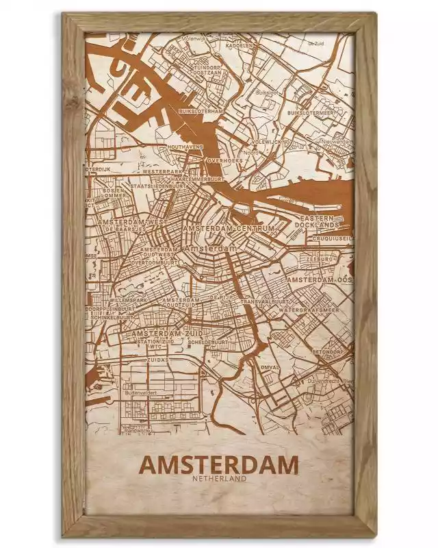 Drewniany obraz miasta - Amsterdam w dębowej ramie 50x30cm Dąb, Orzech, Heban  ceny i opinie