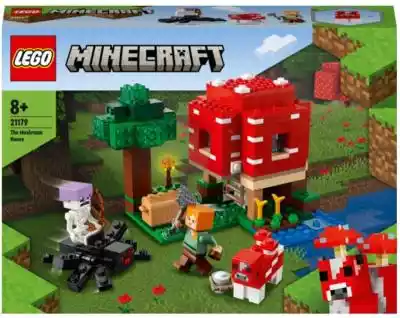 LEGO Minecraft Dom w grzybie 21179 Zbuduj dom w wielkim grzybie! Podnieś dach i ściany,  by dostać się do mebli i stołu rzemieślniczego. Na zewnątrz Alex może wydoić grzybową krowę,  by zebrać zupę do miski. Tylko uwaga: zbliża się pajęczy jeździec! Co zrobisz? Złapiesz za siekierę,  