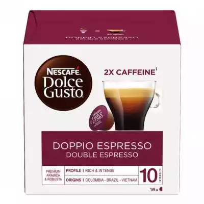 Odkryj nową kawę NESCAFÉ® Dolce Gusto® Doppio Espresso i ciesz się wyjątkowym napojem kawowym w zaciszu swojego domu. Pokochasz podwójną dawkę tej mocnej mieszanki ciemnej kawy i owocowych aromatów,  uzupełnioną aksamitną cremą. Właściwości: • Podwójna porcja mocnej,  ciemnej i o