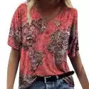 Mssugar Kobiety z krótkim rękawem Mapa Print Baggy T-shirt Summer Tee V-neck Bluzka Casual Top Czerwony XL
