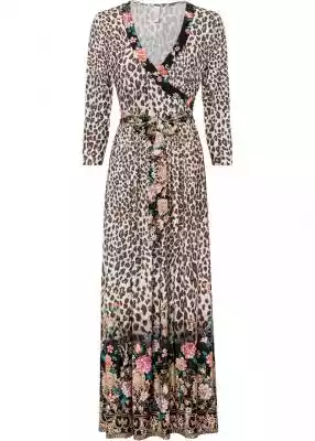 Modna i kobieca sukienka z dżerseju z efektem założenia kopertowego i nadrukiem w cętki leoparda i kwiaty.